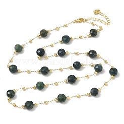 Collane a catena con perline piatte rotonde sfaccettate in agata muschiata naturale e perline in ottone opaco&nbsp;GG-CBA37F5-01G-03