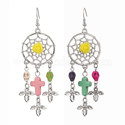 Toile/filet tissé avec boucles d'oreilles pendantes turquoise synthétiques croix et crâne&nbsp;EJEW-JE05864