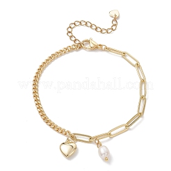 Браслеты с подвесками в форме сердца из латуни и натурального культивированного пресноводного жемчуга&nbsp;BJEW-JB12923