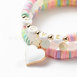 3 pièces 3 style naturel coloré vert jade & acrylique mot amour perlé bracelets extensibles sertis de breloques en alliage émail coeur&nbsp;BJEW-JB08924-01
