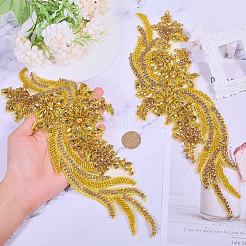 Appliques à coudre en tissu brodé de strass en verre à fleurs et feuilles&nbsp;PATC-WH0008-131