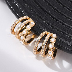 Тройные серьги-каффы в форме буквы С из латуни с микропаве из прозрачных кубических цирконий&nbsp;EJEW-Z127-09G