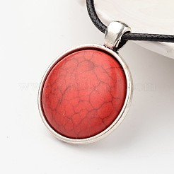 Плоские круглые тибетский стиль сплава синтетический бирюзовый кулон ожерелье&nbsp;NJEW-F197-15