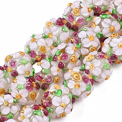 Chapelets de perles vernissées manuelles, cahoteuse, ronde avec des fleurs, blush lavande, 12~13x11~12mm, Trou: 1mm, Environ 45 pcs/chapelet, 19.29 pouce (49 cm)