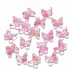 Zweifarbige transparente sprühlackierte Glasanhänger, mit Glitzerpulver, Schmetterling, neon rosa , 9.5x11x3 mm, Bohrung: 0.8 mm