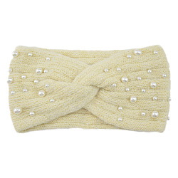 Bandeaux chauffants en fil tricoté en fibre acrylique, avec une perle d'imitation en plastique, bandeau de tête en tricot torsadé épais et doux pour les femmes, verge d'or pale, 210x110mm