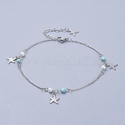 Bracelets de cheville en 304 acier inoxydable avec pendentif, avec perles de turquoise synthétiques et perle de verre, étoile de mer / étoiles de mer, couleur inoxydable, 9-5/8 pouce (24.5 cm)