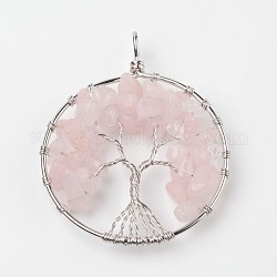 Tree of Life Natural Rose Quartz Big Pendants, with Brass Findings, Platinum, 63~65x49~51x8~10mm, Hole: 8~10mm