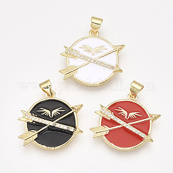 Brass Micro Pave Cubic Zirconia Pendants, with Enamel, Flat Round with Arrow, Golden, Mixed Color, 21x22x2.5mm, Hole: 5x3.5mm