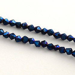 Abalorios de vidrio electrochapdo, arco iris chapado, bicono facetados, azul chapado, 3x3.5mm, agujero: 1 mm, aproximamente 125~130 pcs / cadena, 18 pulgada