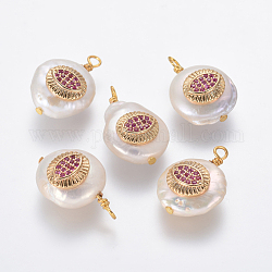 Pendentifs de perles d'eau douce de culture naturelle, avec accessoires zircon cubique micro pave en laiton, pépites avec mauvais œil, or, rose foncé, 19~21x12~15x7~9mm, Trou: 1.6mm