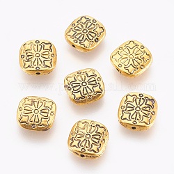 Tibetischer stil legierung perlen, Cadmiumfrei und Nickel frei und Bleifrei, Quadrat mit Blume, Antik Golden, 10.5x10.5x3.5 mm, Bohrung: 1.5 mm