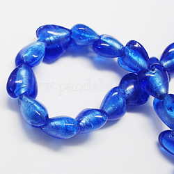Perles en verre d'argent feuille manuelles, cœur, bleu, 28x24~28x15~17mm, Trou: 2mm