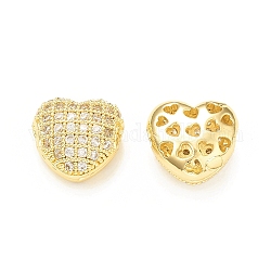 Perline zirconi micro pave  in ottone, cuore, vero placcato oro 18k, 10.5x11x6mm, Foro: 2.5 mm