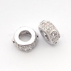 Brass Micro Pave Cubic Zirconia Flat Round Spacer Beads, Cadmium Free & Nickel Free & Lead Free, Platinum, 8x4mm, Hole: 3.5mm