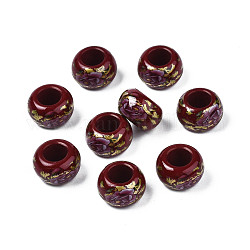 Perles rondelles acryliques opaques imprimées de fleurs, Perles avec un grand trou   , rouge foncé, 15x9mm, Trou: 7mm