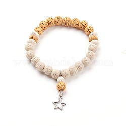 Bracelets à breloques extensibles en perles de lave naturelle, avec breloques en alliage plaqué argent antique, étoiles du nord, couleur de coquillage, diamètre intérieur: 2-1/4 pouces (5.6 cm)
