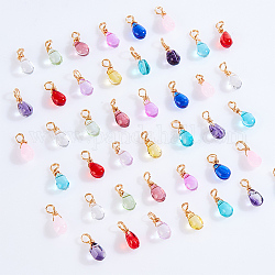 12Pcs 12 Color Glass Charms, with Light Gold Copper Wire Wrapped Findings, Teardrop Charms, Mixed Color, 13x6x5mm, Hole: 2.5mm, 1Pc/color