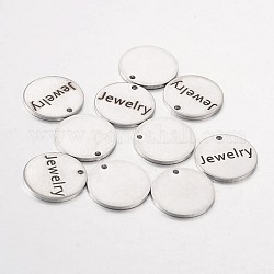 Pendentifs en acier inoxydable, plat rond avec le mot bijoux, couleur inoxydable, 15x1mm, Trou: 1.3mm
