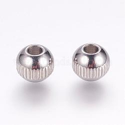 Perles en 201 acier inoxydable, rond avec des rayures verticales, couleur inoxydable, 6x5mm, Trou: 2.5mm
