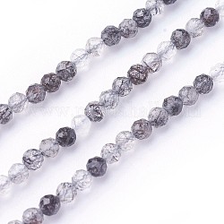Chapelets de perles en quartz rutile noir naturel, facette, ronde, noir, 3~3.5mm, Trou: 0.5mm, Environ 115~130 pcs/chapelet, 14.5~16.1 pouce (37~41 cm)