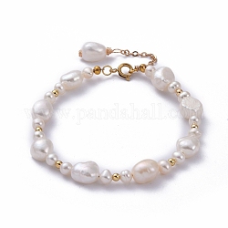 Natürliche Barockperlen Keshi Perlen Perlen Armbänder, mit runden Messingperlen und 304 Federringverschluss aus Edelstahl, weiß, 7-1/2 Zoll (19 cm)