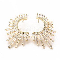 Cubic Zirconia Sun Stud Earrings, Real 18K Gold Plated Brass Asymmetrical Earrings for Women, Cadmium Free & Lead Free, Clear, 47x30mm, Pin: 0.7mm