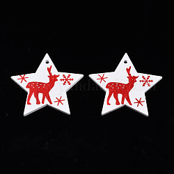 Colgantes de madera pintados con spray de tema navideño, Impreso a soltero-cara, estrella con reno/ciervo, blanco, 47x49x2.5mm, agujero: 2 mm