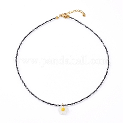 Pendentifs perles de verre, avec fermoirs mousquetons en 304 acier inoxydable, fleur, or, noir, 14.80 pouce (37.6 cm)
