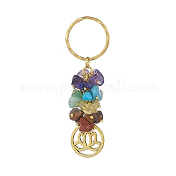 Porte-clés pendentif pierre gemme naturelle chakra, avec accessoires en fer et pendentifs en alliage, plat rond, motif de lotus, 8.05 cm, pendentif: 24x19.5x1.5 mm