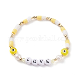 Love Word Acrylic & Heishi Polymer Clay Beaded Stretch Bracelets, Evil Eye Lampwork Beads Bracelets for Women, Yellow, Inner Diameter: 2-1/8 inch(5.5cm)