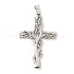 201 Stainless Steel Pendants, Cross with Tree, Stainless Steel Color, 47x31.5x2mm, Hole: 6.5x4mm