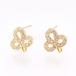 Brass Micro Pave Cubic Zirconia Stud Earring Findings, with Loop, Lead Free & Cadmium Free, Flower, Clear, Golden, 10x9x2mm, Hole: 0.8mm, Pin:0.6mm