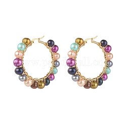 Pendientes de aro de perlas naturales con 304 pasador de acero inoxidable, anillo, colorido, 50x51x5.5mm, pin: 0.7 mm