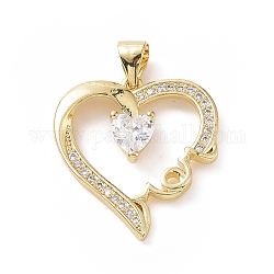 Brass Micro Clear Cubic Zirconia Pendants, Long-Lasting Plated, for Mother's Day, Heart with Word Mom, Real 18K Gold Plated, 21x19x4mm, Hole: 5x4mm