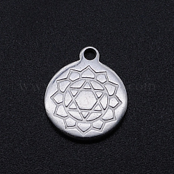 For Chakra, 201 Stainless Steel Charms, Flat Round with Anahata, Stainless Steel Color, 14x12x1mm, Hole: 1.4mm