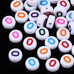 Perles acryliques opaques blanches, rond plat avec numéro de couleur mélangé, num. 0, 7x3.5mm, Trou: 1.2mm, environ 3800 pcs/500 g