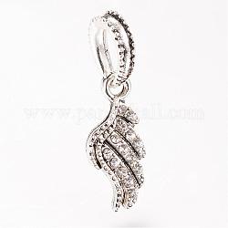 Alloy European Dangle Charms, with Rhinestones, Wing, Large Hole Pendants, Antique Silver, Crystal, 30~31mm, Hole: 5x8mm