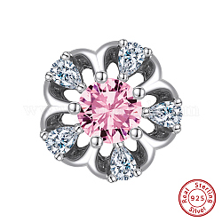 925 perles en argent sterling rhodiées, avec de la zircone cubique rose, fleur, Platine plaqué réel, 11x11.5x6.5mm, Trou: 1.2mm
