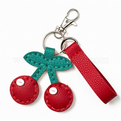 DIY Cherry Keychain Kits, Including PU Leather, Cotton, Cotton Thread and Iron Findings, FireBrick, 31x1.5mm, Hole: 1mm