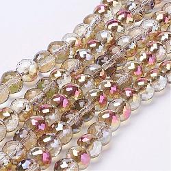 Electroplate Glass Bead Strands, Half Rainbow Plated, Faceted Rondelle, Camel, 8x6mm, Hole: 1mm, about 39pcs/strand, 7.8 inch(20cm)
