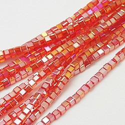 Abalorios de vidrio electroplate hebras, color de ab chapado, facetados, cubo, rojo, 4x4x4mm, agujero: 1 mm