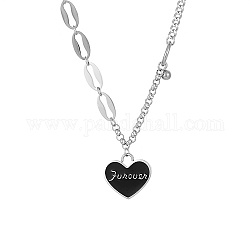 Colliers avec pendentif cœur en émail et acier inoxydable pour femmes, noir, couleur inoxydable, 6.30 pouce (16 cm), pendentif: 17.3x18.4 mm
