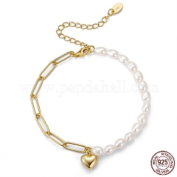 925 bracelet à breloques cœur en argent sterling, bracelets de chaînes de perles et de trombones en perles baroques naturelles, avec tampon s925, or, 6-1/2 pouce (16.5 cm)