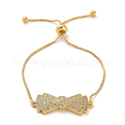Cubic Zirconia Link Slider Bracelets, with Light Gold Brass Box Chains, Bowknot, Inner Diameter: 3-3/8 inch(8.5cm)