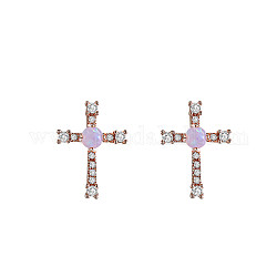 Real Rose Gold Plated, Brass Stud Earrings, Lead Free & Cadmium Free, with Grade AAAAA Cubic Zirconia & Resin Imitation Opal, Cross, Clear, 14x10mm