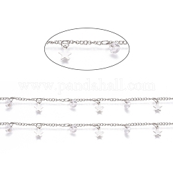 3.28 Feet Brass Curb Chains, Star Brass Charms & Diamond Shape Cubic Zirconia Charms, Long-Lasting Plated, Soldered, Clear, Real Platinum Plated, 2x1.5x1mm, 3x2x1mm