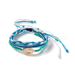 3 stücke 3 stil natürliche muschel & glas geflochtene perlen armbänder set, verstellbare Armbänder für Frauen, Blau, Innendurchmesser: 2~4 Zoll (5.1~10.1 cm), 1pc / style