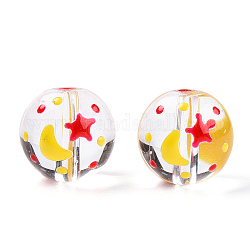 Perles de lampwork faites à la main transparentes, rond avec motif lune et étoile, jaune, 12.5x11.5mm, Trou: 1.6mm