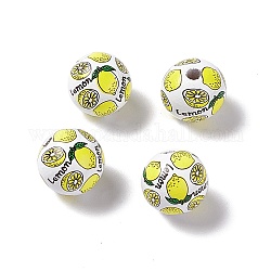 Perles européennes en bois imprimé de fruits, perle avec trou grande, ronde, jaune, motif de citron, 16x14.5mm, Trou: 4.2mm